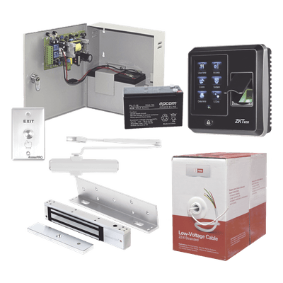 Sistema de Control de Acceso / Chapa Magnética 600 lb (272 kg) / Lector Biométrico / Fuente 12VCC 3A con Batería 7Ah / Cierra Puertas 40-65 kg