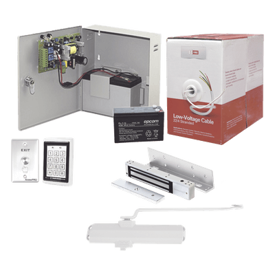 Sistema de Control de Acceso / Teclado Antivandálico con Lector / Chapa Magnética 600 lb (272 kg) / Cierrapuerta 40-65 kg / Fuente 12VCC 3A con Batería de Respaldo