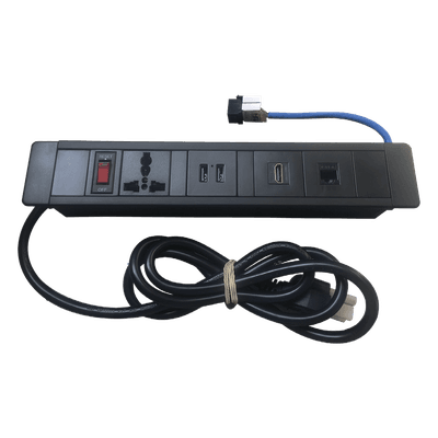 Hub para escritorio color negro,  con 1 Puerto HDMI Hembra-Hembra, 1 Conector RJ45 Cat6, 2 Puertos USB 5V DC /2 A, y 1 Contacto eléctrico universal  (11100-00001)