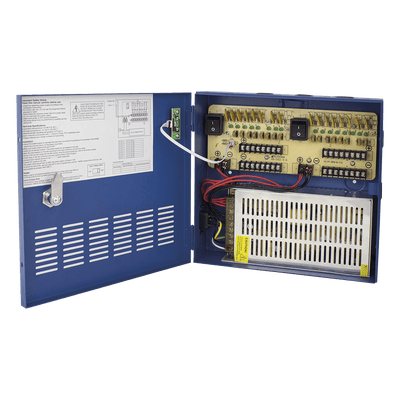Fuente de poder profesional HEAVY DUTY de 11 - 15 Vcc @ 20 Amper, para 16 cámaras, con voltaje de entrada de: 110-220 Vca