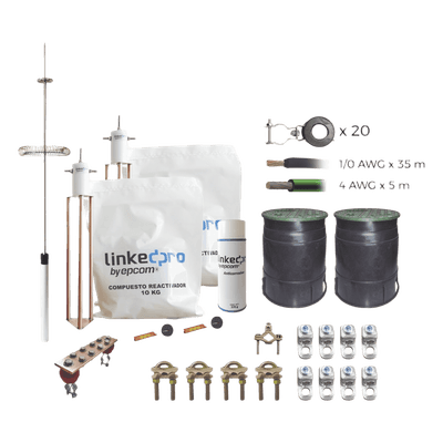 Kit Pararrayo con Accesorios de Instalación en Torre / 30 m (98 ft) / Radio Cobertura 72° / Cable 1/0 AWG / Conectores Cal. 4-2/0 AWG