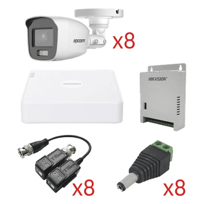 Kit TurboHD con Audio / DVR 8 Canales 1080p Lite / 8 Cámaras Bala 2.8 mm 105° / Audio Coaxitron / Luz Blanca 20 m (65.6 ft) / Fuente Regulada