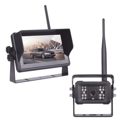 Sistema de Cámara de Reversa Inalámbrico / Monitor Táctil 7" 1024x600 / Transmisión 2.4 GHz / Alcance 200 m (656.2 ft) / IP69K / 12-24 VDC
