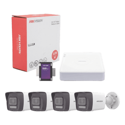 Kit de Videovigilancia IP / 4 Megapixel / NVR 4 Canales PoE+ / 4 Cámaras Bala Dual Light / IR 30 m (98.4 ft) / Luz Blanca 30 m (98.4 ft) / Audio Integrado / SSD 1 TB / Cable 100 m (328.1 ft)