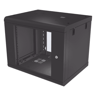 Gabinete de Pared de 9U con Puerta de Cristal Templado, 479.5 mm de Profundidad, Rack de 19'', Acero Reforzado Color Negro.