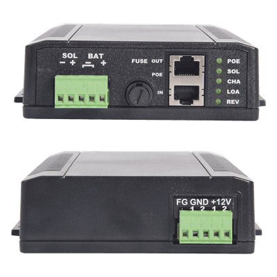 Controlador Solar POE, Entrada 12 Vcc Hasta un Panel Solar de 125 Watts, Salida PoE Pasivo en 24 Vcc Hasta 20 Watts Máximo.
