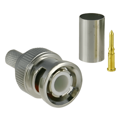 Conector BNC Macho / 75 Ohm / 3 Piezas en Línea / Anillo Plegable / RG-59/U / CCTV / Níquel-Oro-PTFE