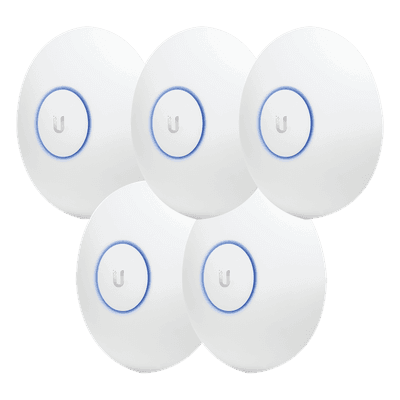 Paquete de 5 Access Point UniFi de largo alcance, Doble banda 802.11ac MIMO2X2 para interior, PoE 802.3af, soporta 250 clientes, hasta 867 Mbps, Los equipos no incluyen poe se sugiere comprar aparte el  modelo POE-24-12W-G 