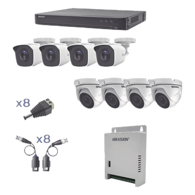 Kit TurboHD / DVR 8 Canales / 8 Cámaras 1080p / Bala y Eyeball / IR 20 m (65.6 ft) / Fuente Regulada 12V-15V / Transceptores UTP