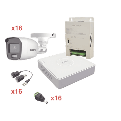 Kit TurboHD / 1080p Lite / DVR 16 Canales / 16 Cámaras Bala / 2.8 mm / ColorVu 20 m (65.6 ft) / Audio Integrado