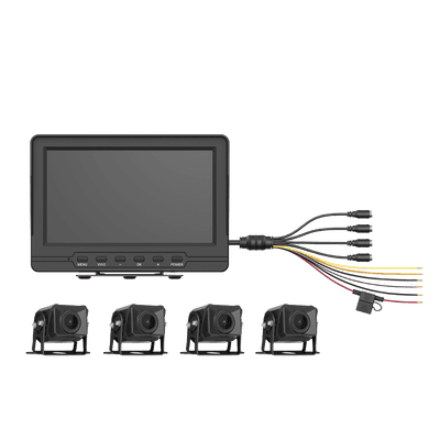 Sistema de Monitoreo Vehicular / 4 Cámaras 1080p / Pantalla LCD 7" / IP68 / Grabación Automática / Micro SD 512 GB / Cambio a Reversa